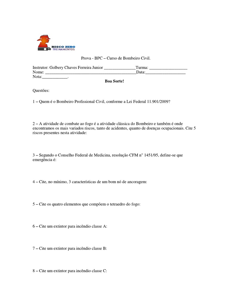 Prova do Curso de Bombeiro Civil | PDF
