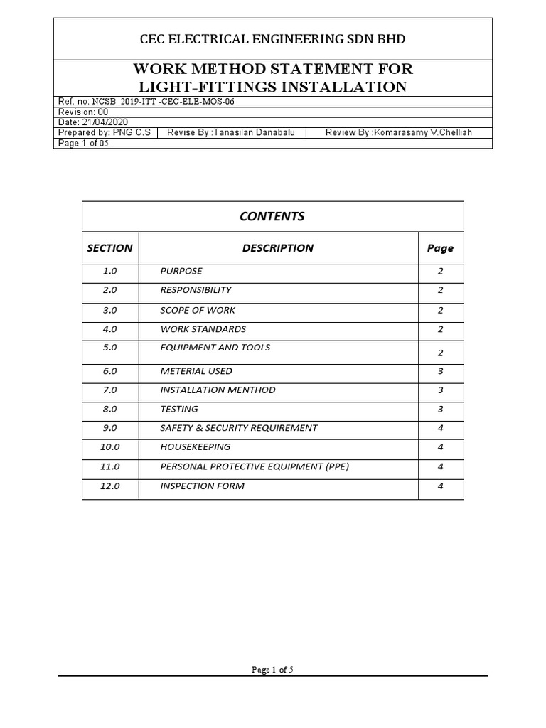 Light Fittings Installation Method Statement | PDF | Personal ...