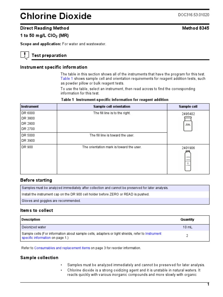 Chlorine Dioxide: Direct Reading Method Method 8345 1 To 50 MG/L Clo ...