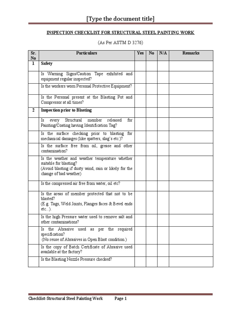 Checklist For Painting Work of Structural Steel PDF Paint Industrial Processes