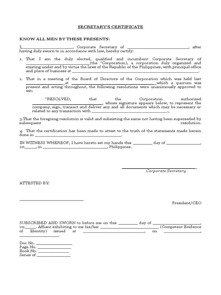 Corporate Secretary's Certificate Template | PDF