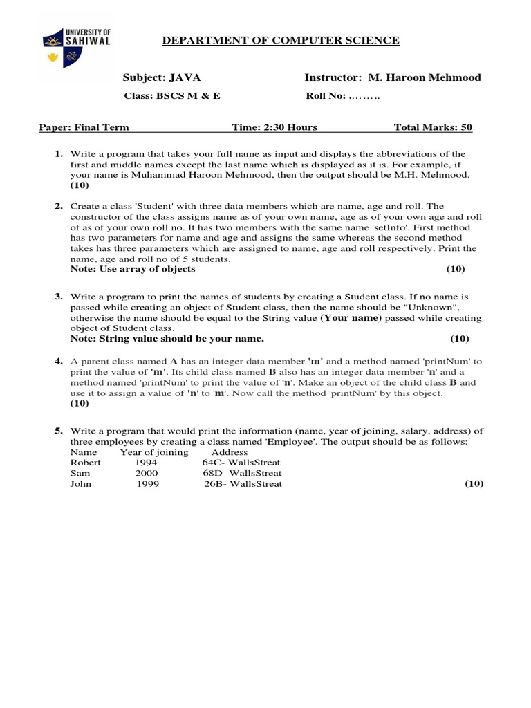 Java Final Exam by Haroon Mehmood | PDF