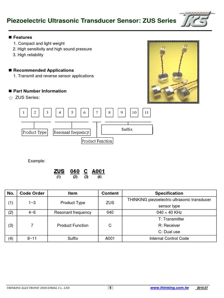 Piezoelectric Ultrasonic Transducer Sensor ZUS Series Technical