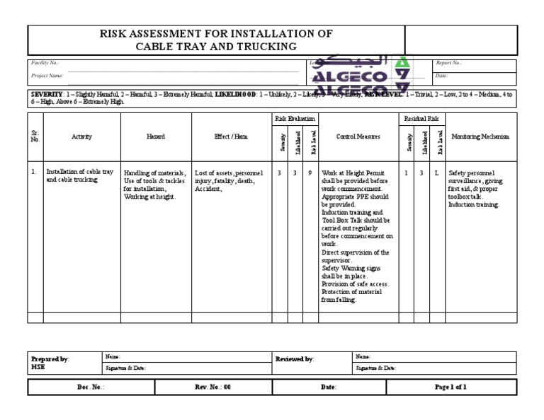 Cable Tray Installation Risk Assessment | PDF | Risk Assessment | Risk