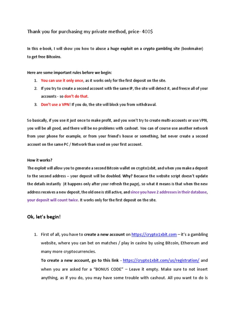 Thank You For Purchasing My Private Method, Price-400$: Get Free Bitcoins |  PDF | Bitcoin | Gambling