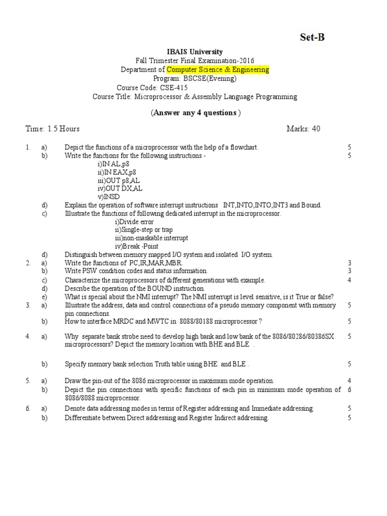 Microprocessor Exam Questions 2016 | PDF | Subroutine | Central ...