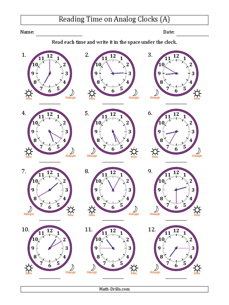 Reading Time On Analog Clocks (A) : Name: Date: Read Each Time and ...