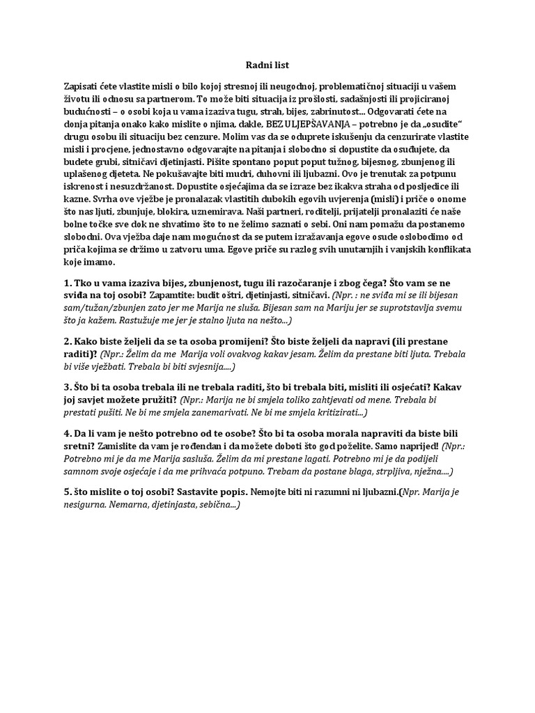 Radni List The Work Byron Katie PDF