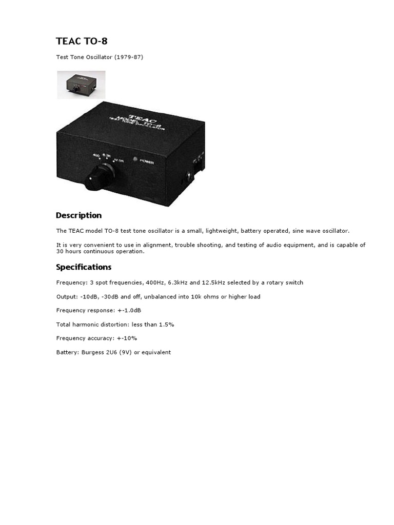 TEAC TO-8 Test Tone Oscillator Overview | PDF | Technology