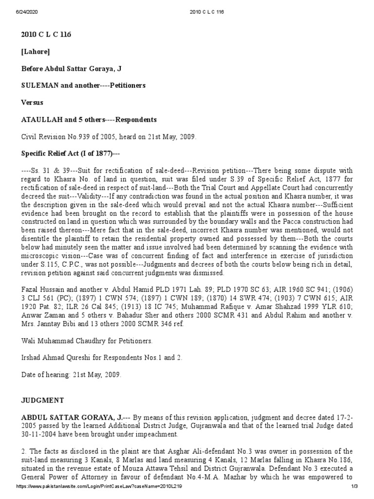 2010 C L C 116 (Rectification of Sale Deed) PDF Lawsuit Judgment