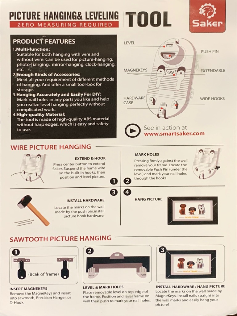 Saker Picture Hanging Tool Kit With Photo Frame Level Hanger