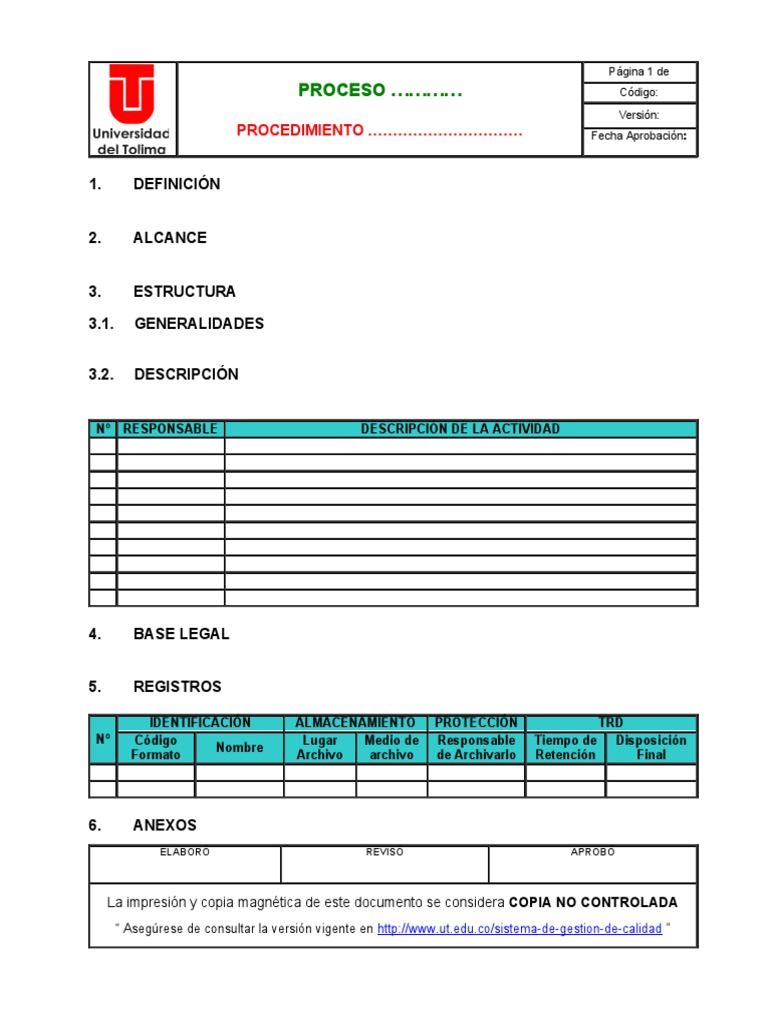 Plantilla De Proceso Y Procedimiento