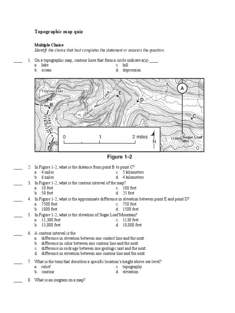 Topographic Map Quiz and Answers | PDF | Contour Line | Elevation