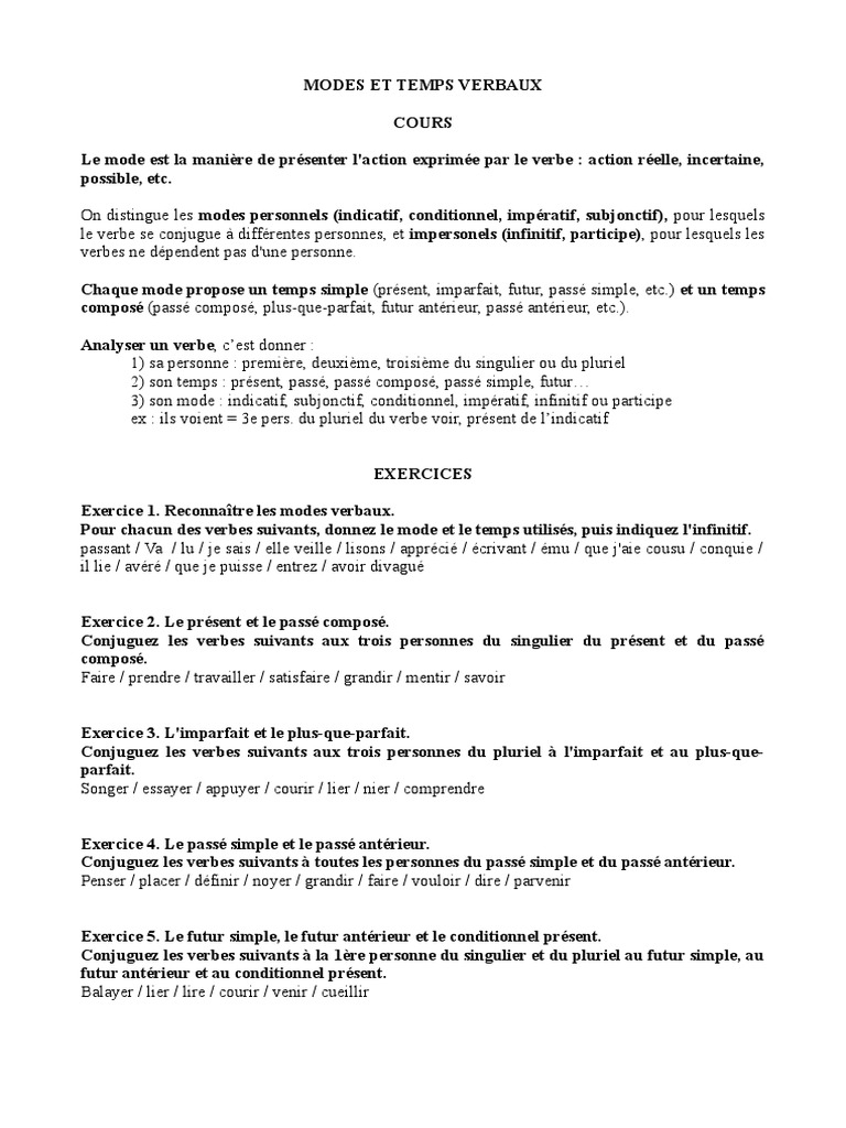 Exercices Modes Et Temps 3ème Pdf Conjugaison Modes Et Temps Verbaux | PDF | Temps (grammaire) | Verbe