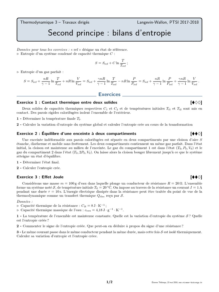 Bilan d'entropie en thermodynamique | PDF | Entropie | Deuxième ...