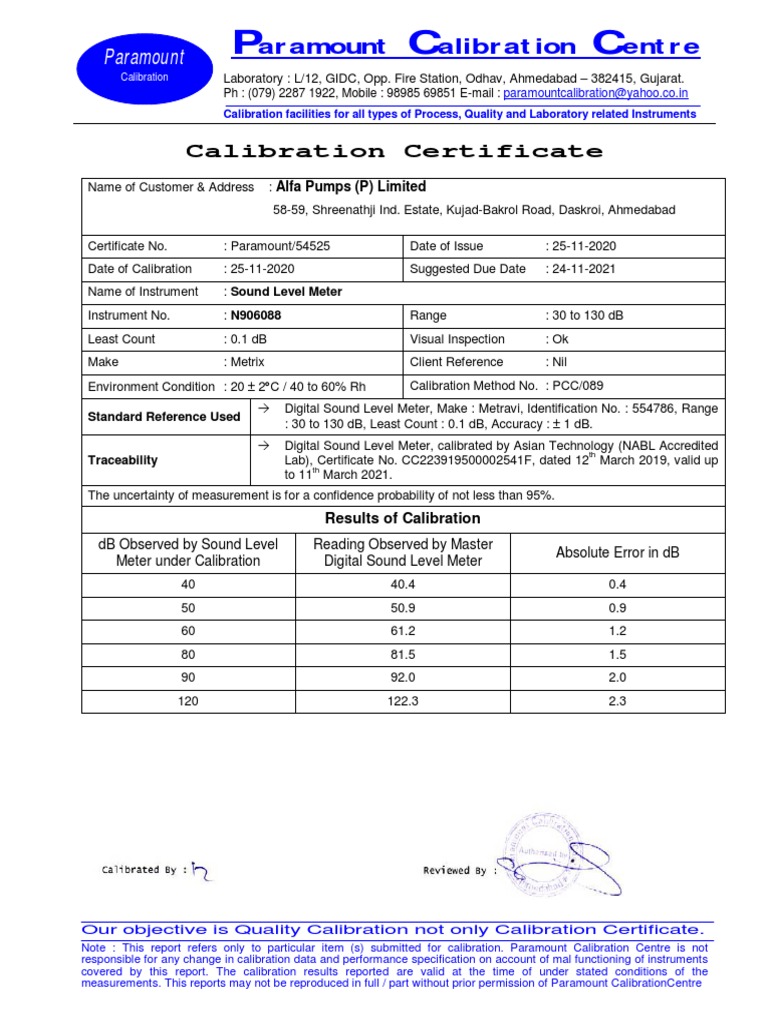 Sound Level Meter and Thermometer Calibration PDF Calibration