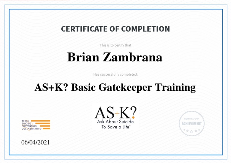 Certificate Ask Basic Gatekeeper Training 5fa50bfeb1eebf5ab10f9ad3 | PDF