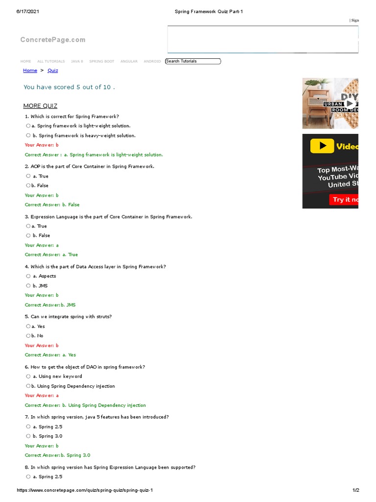 Spring Framework Quiz Part-1 ENG | PDF | Spring Framework | Software ...