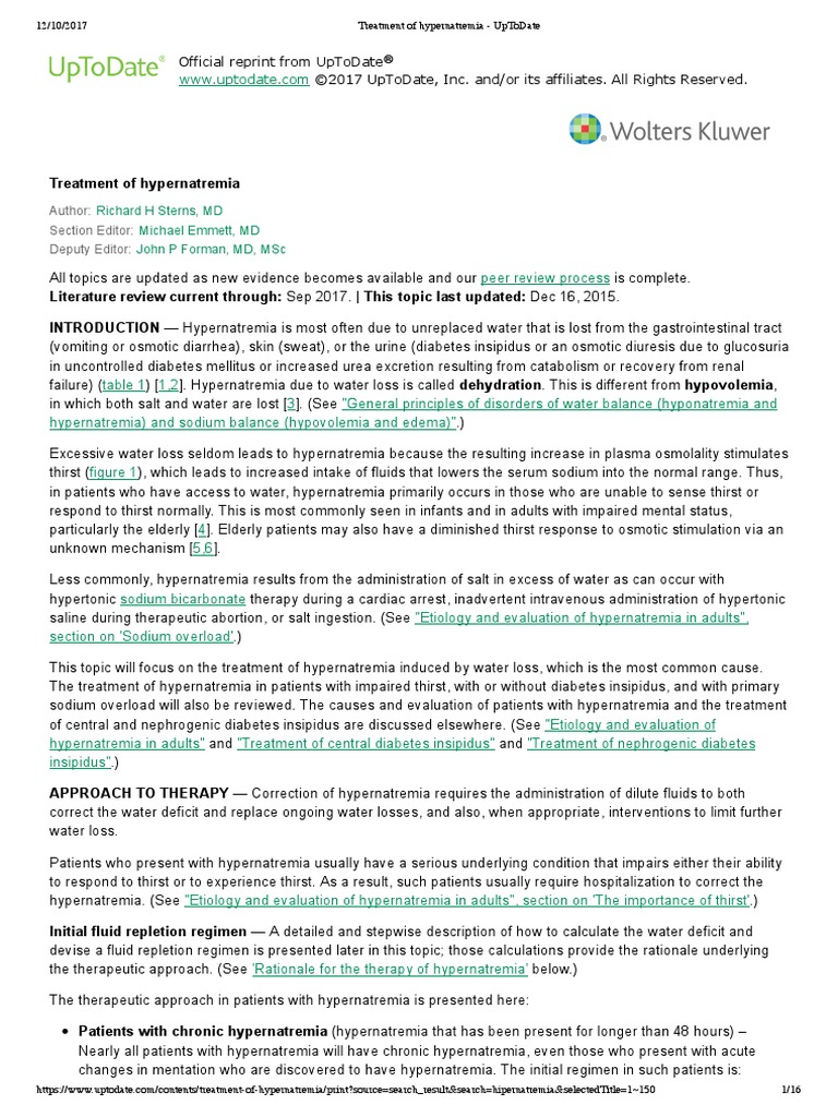 Treatment of Hypernatremia UpToDate PDF Hyperglycemia Saline