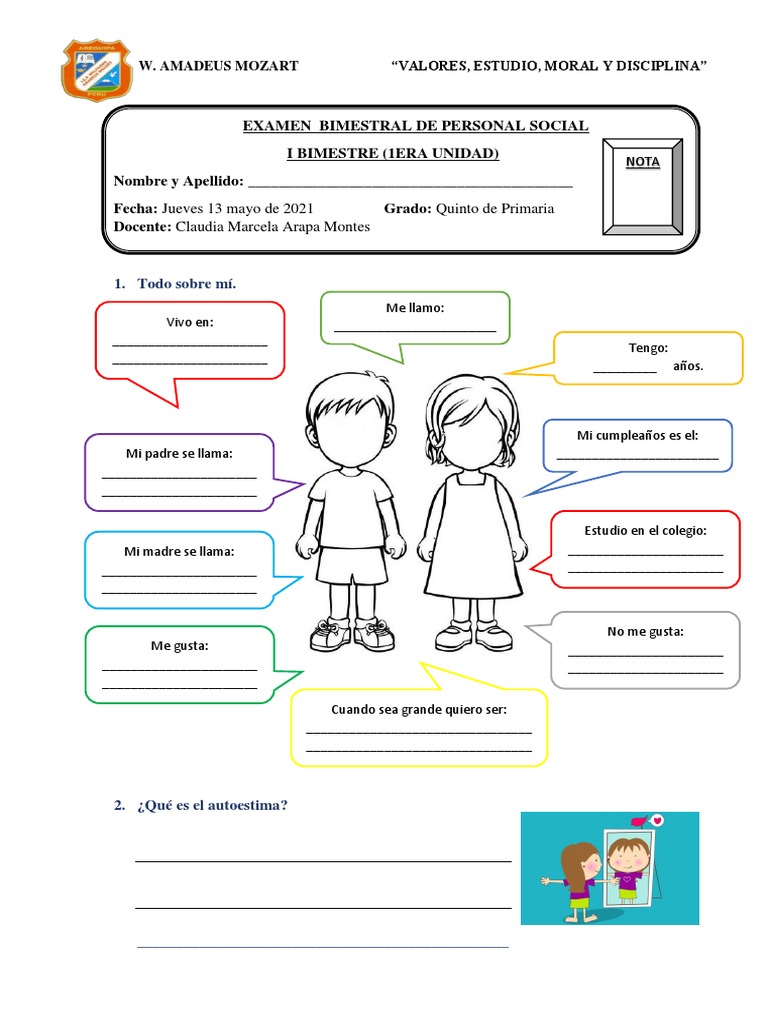 Examen Bimestral de Personal Social 5to | PDF | Autoestima