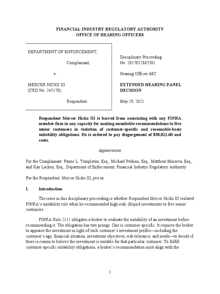 Summary of Disciplinary Action For Mercer Hicks III PDF Real Estate