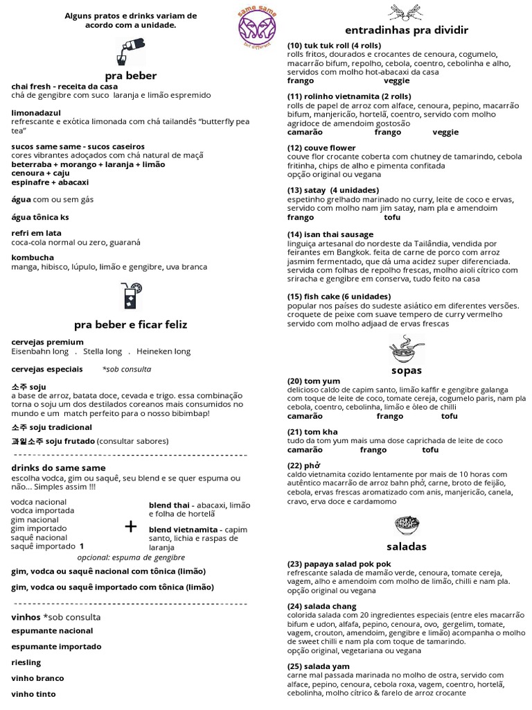 Same Same Cardápio PDF Caldo Culinária vegana