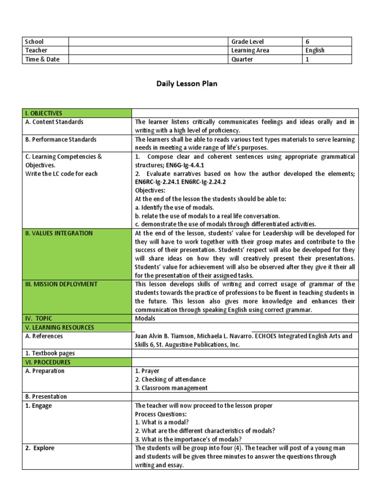 Grade 6 English Lesson Plan: Modals | PDF | Lesson Plan | English Language