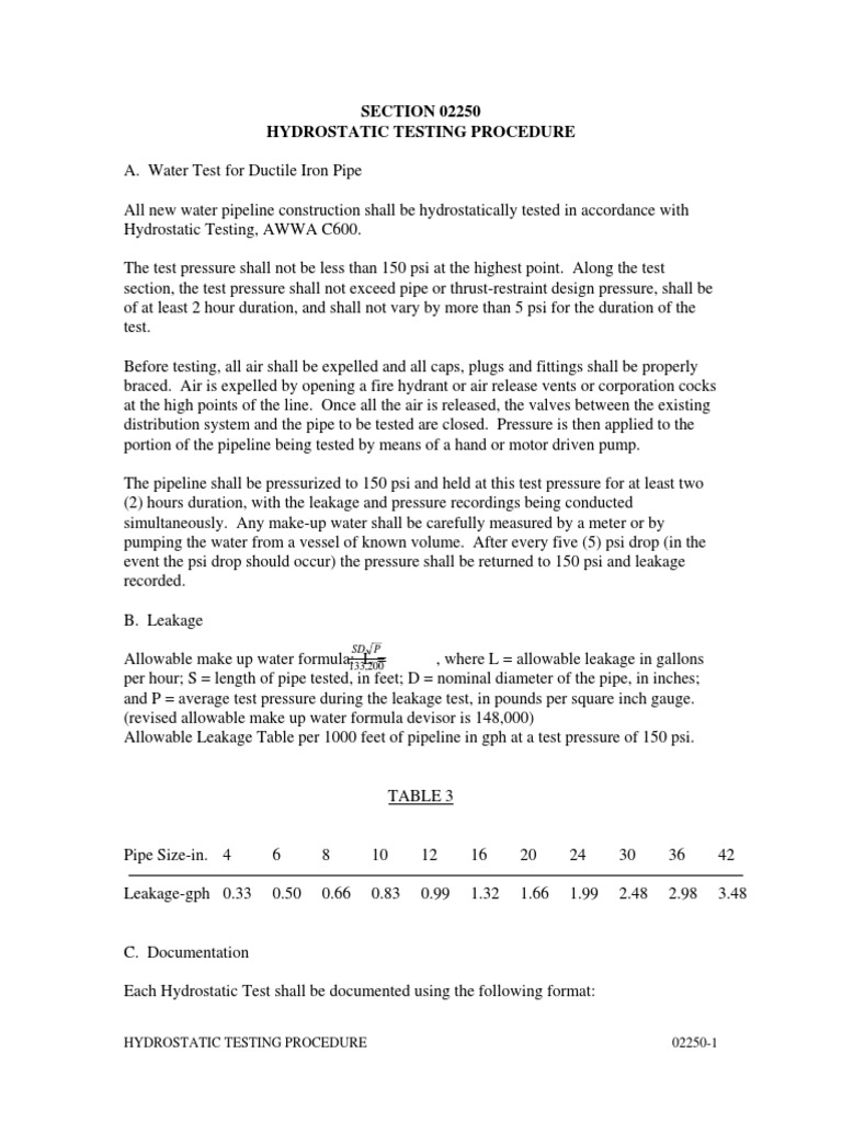 Hydrostatic Testing Procedure 02250-1 | PDF | Pipe (Fluid Conveyance ...