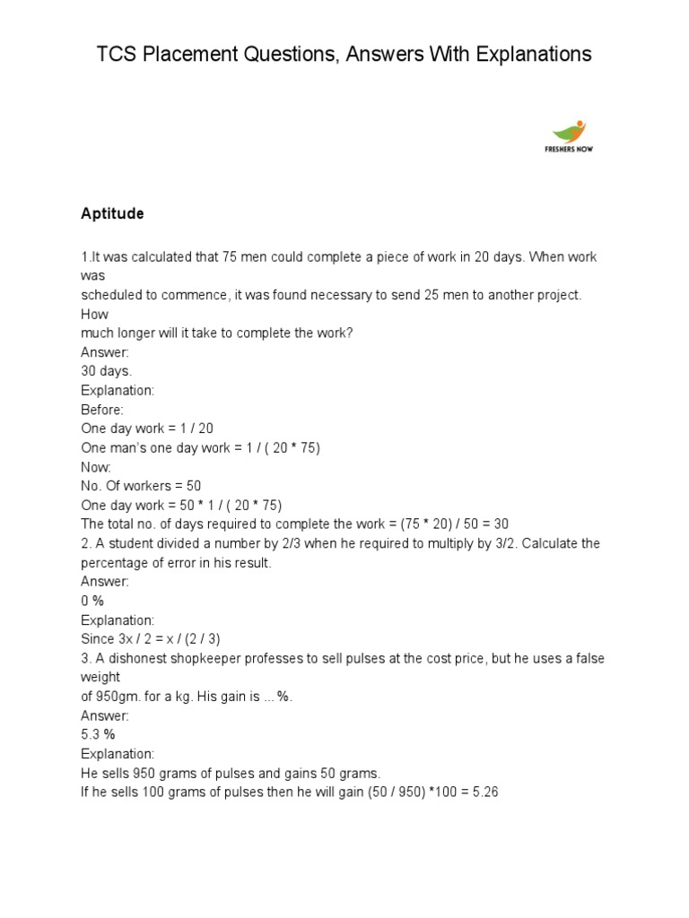 TCS Questions, Answers With Explanations | PDF