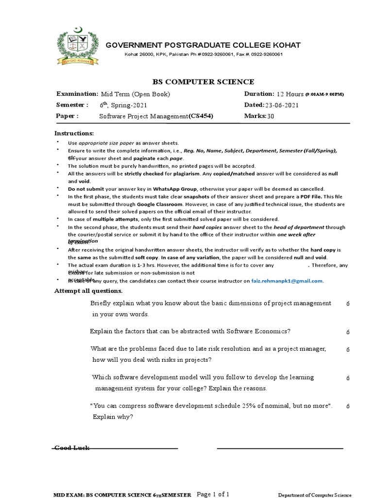 Bs Computer Science Government Postgraduate College Kohat PDF Test