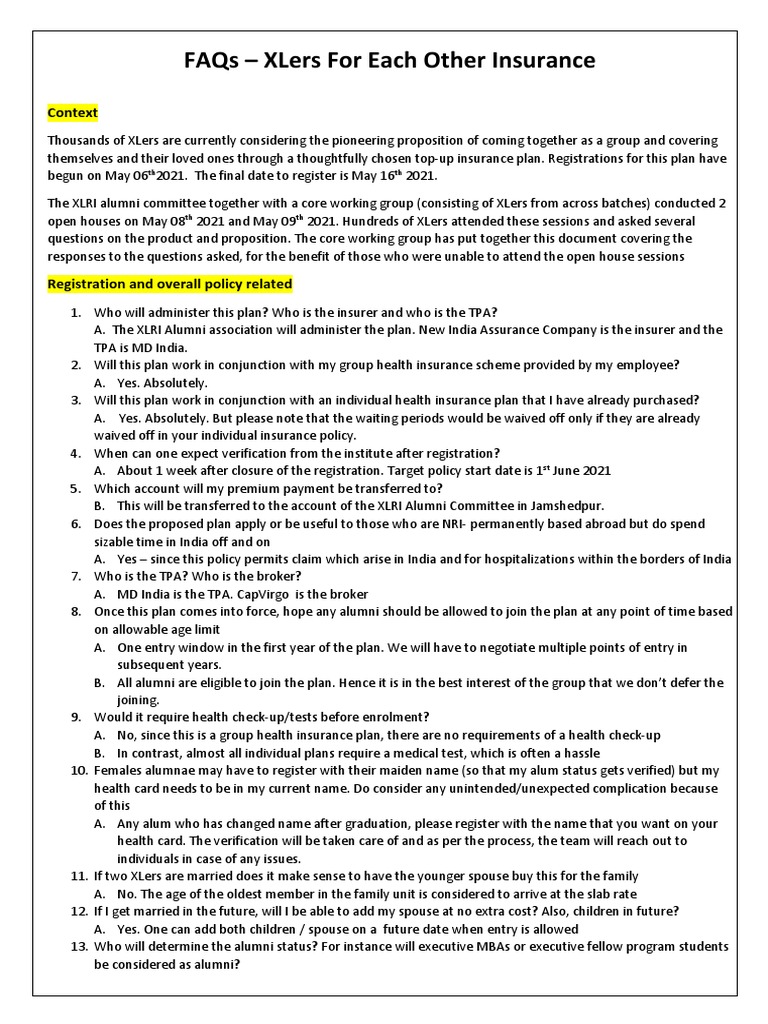 XLRI Alumni Group Health Insurance FAQs | PDF | Deductible | Insurance