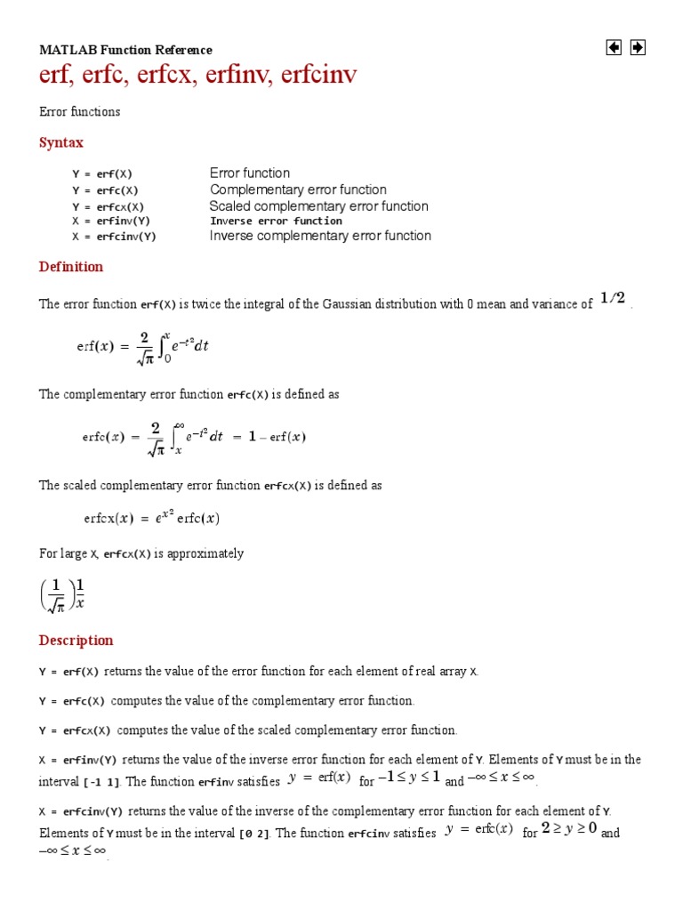 Erf, Erfc, Erfcx, Erfinv, Erfcinv (MATLAB Functions) PDF