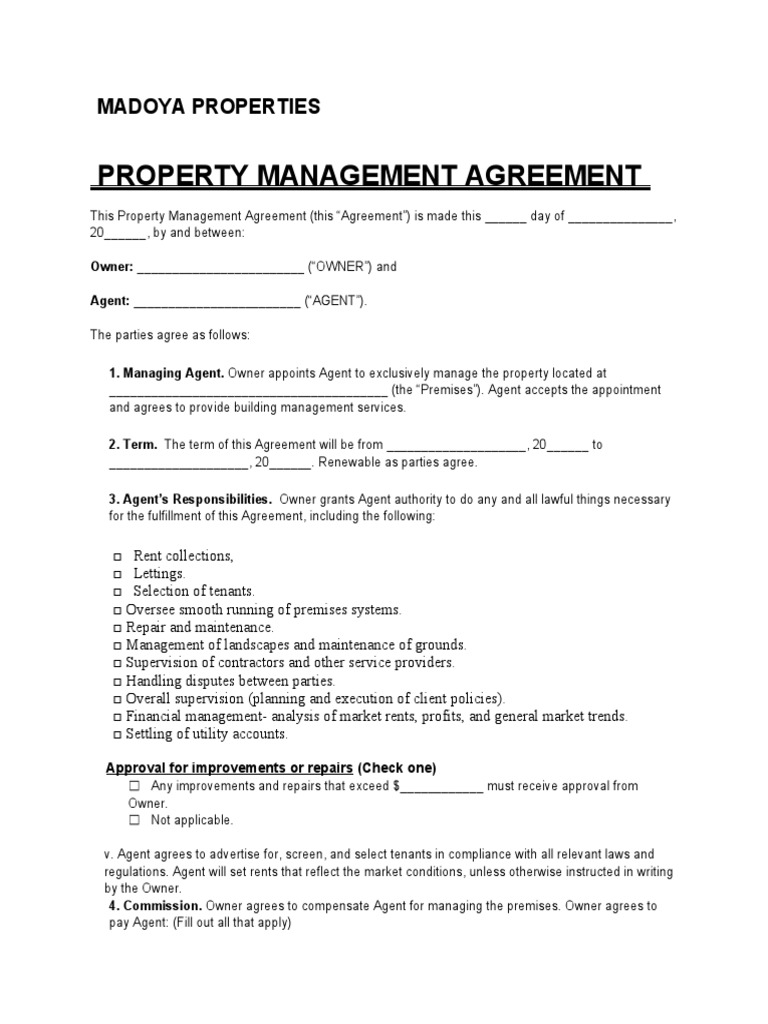 Sample property management agreement showing appointment, term, and agent responsibilities
