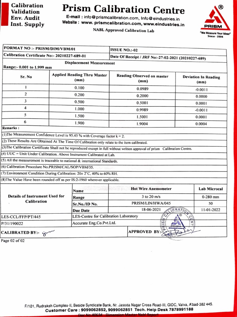 Vibration Calibration Certificate PDF