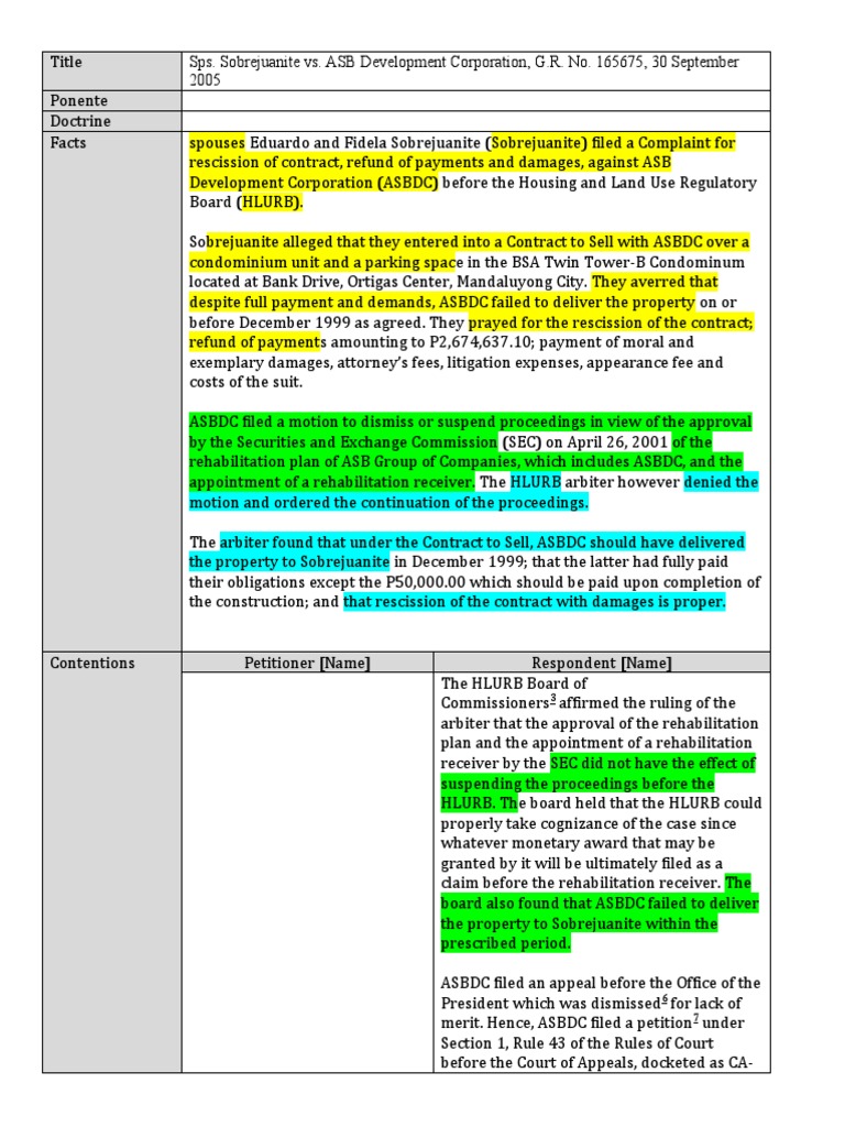 Sobrejuanite vs. ASB Corp: Contract Rescission | PDF | Legal Remedy ...