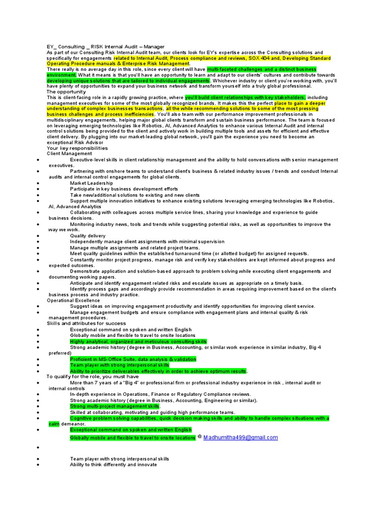EY - Consulting - RISK Internal Audit - Manager | PDF | Internal Audit ...