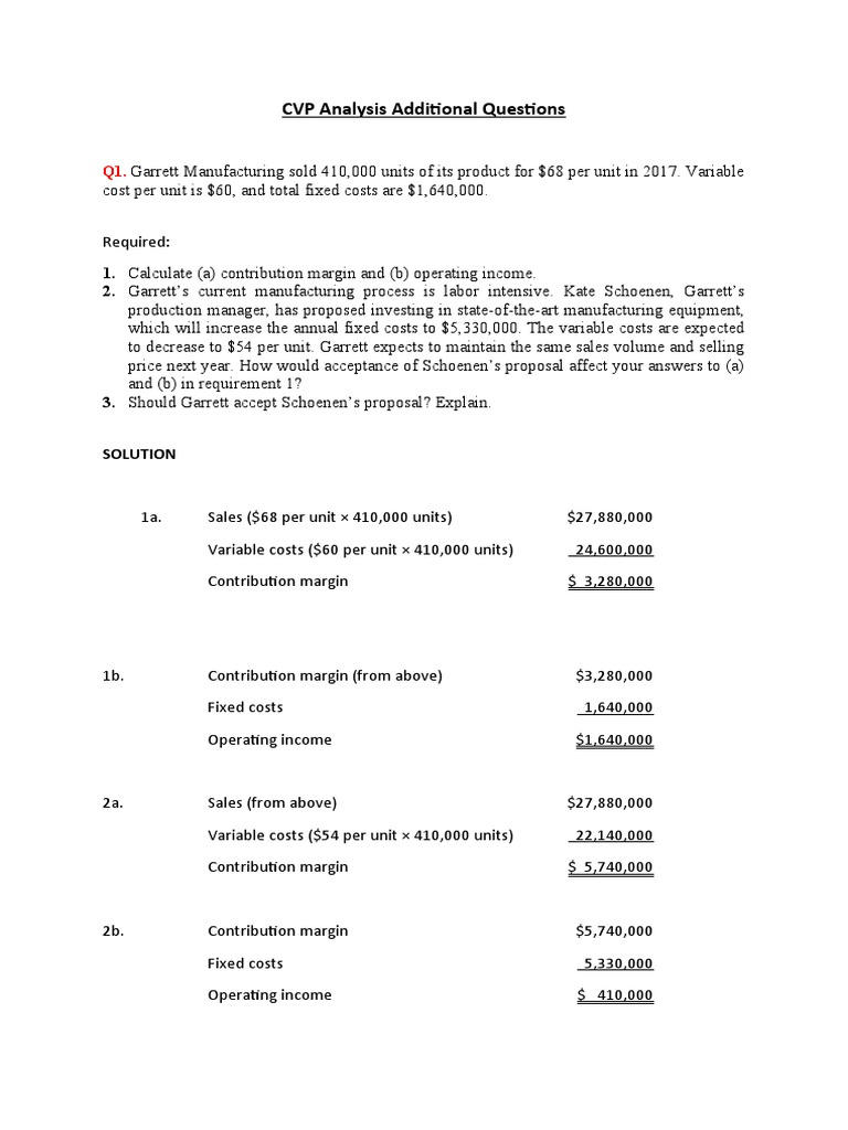 CVP Analysis Additional Exercise - Solutions | PDF | Pricing ...