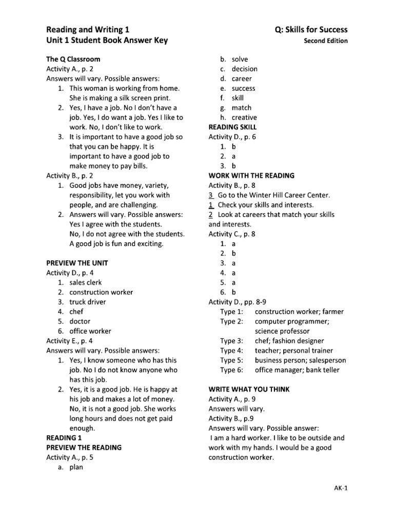 Q Skills Reading and Writing 1 Answer Key PDF