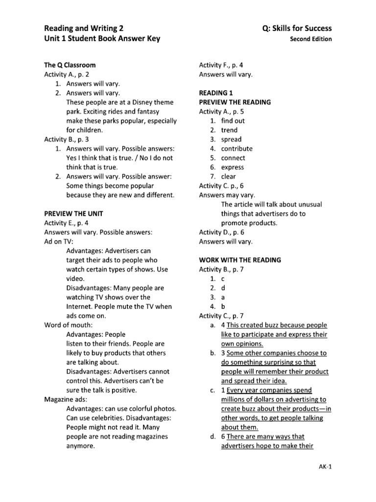 Q Skills Reading and Writing 2 Answer Key PDF