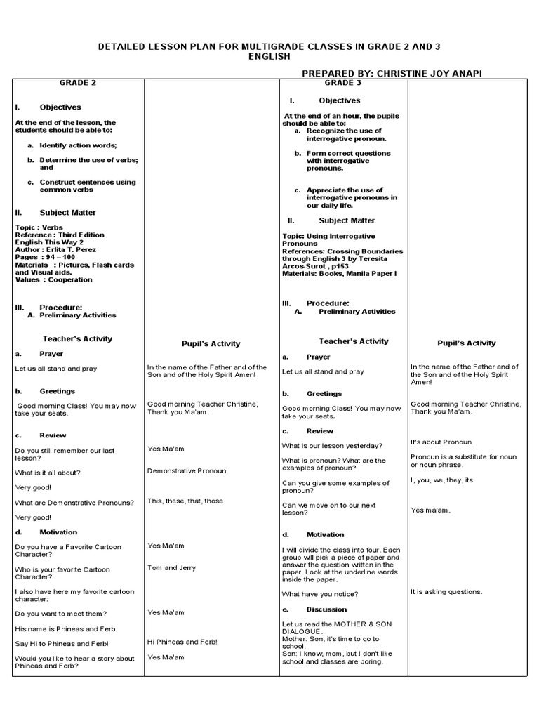 Detailed Lesson Plan For Multigrade Classes in Grade 2 and 3 | PDF ...