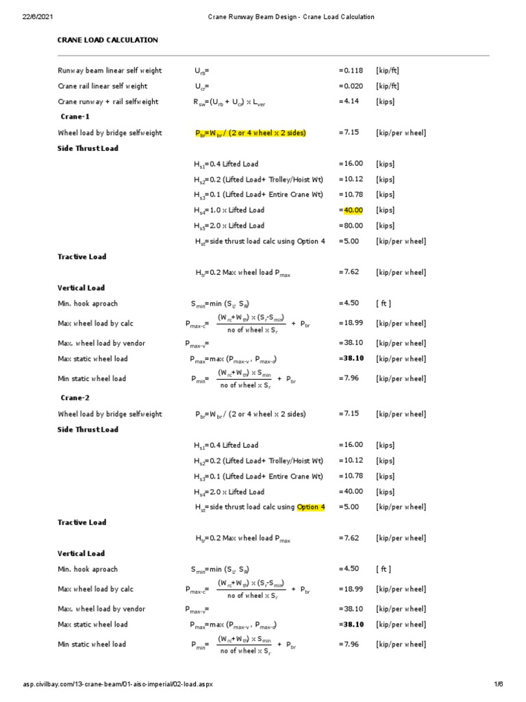 Crane Runway Beam Design Crane Load Calculation PDF Beam