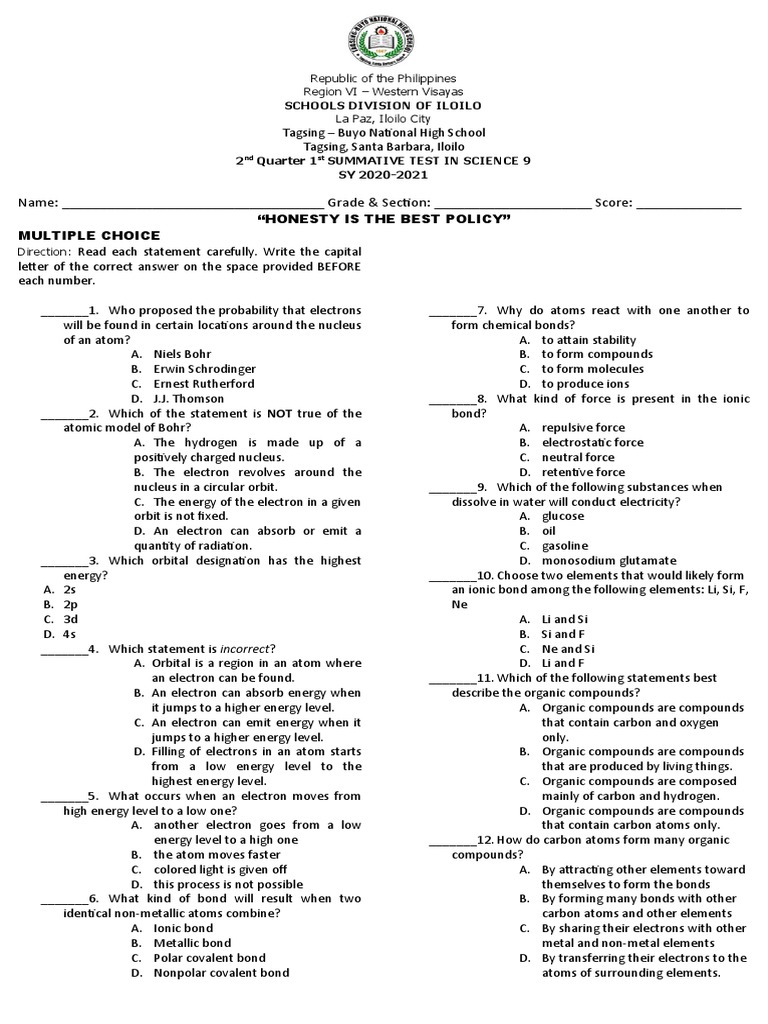 Science 9 Summative Test - 2nd Quarter | PDF | Chemical Bond | Chemical ...