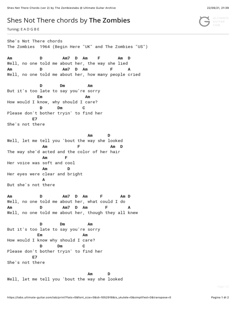Shes Not There Chords (Ver 2) by The Zombiestabs at Ultimate Guitar ...