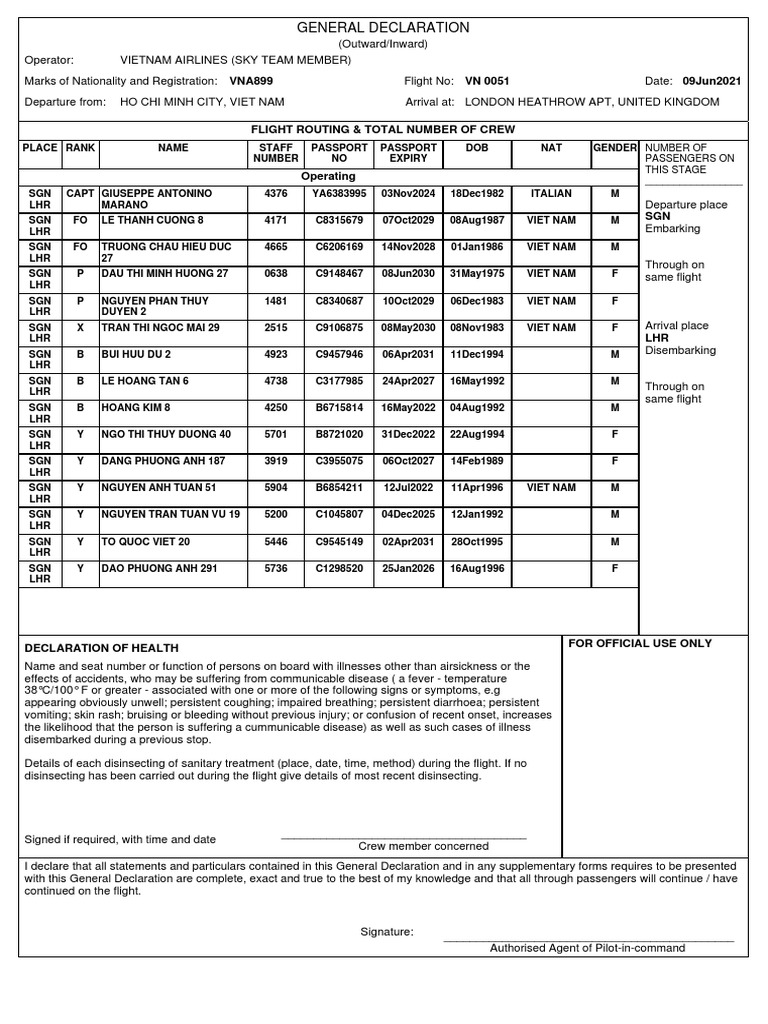 General Declaration Provides Flight Details | PDF | Vietnam | Diseases ...