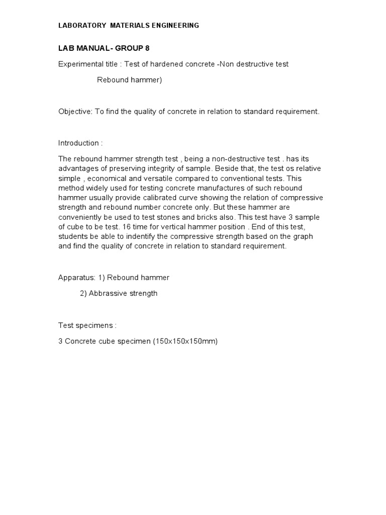 LAB MANUAL Rebound Hammer PDF Concrete Laboratories