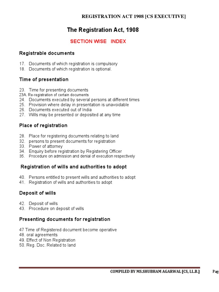 The Registration Act, 1908 Cs Notes PDF Will And Testament Deed