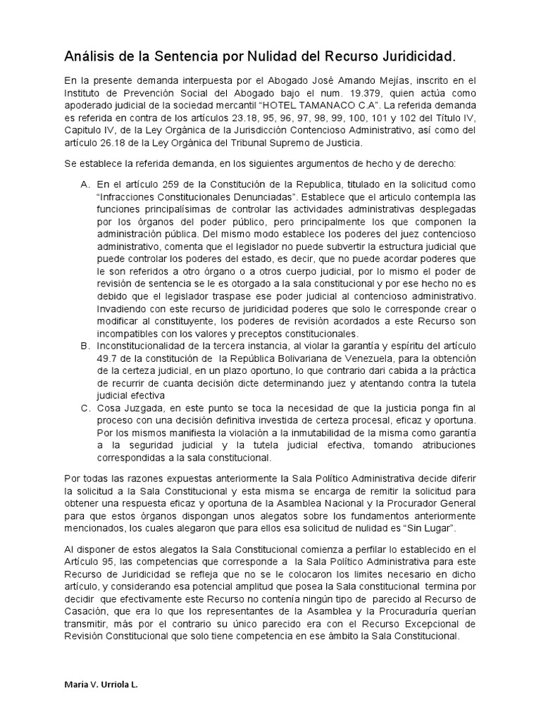 Analisis de La Sentencia Por Nulidad Del Recurso de Juridicidad | PDF