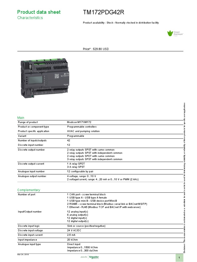 Modicon M171 - M172 Logic Controller - TM172PDG42R | PDF | Relay | Usb