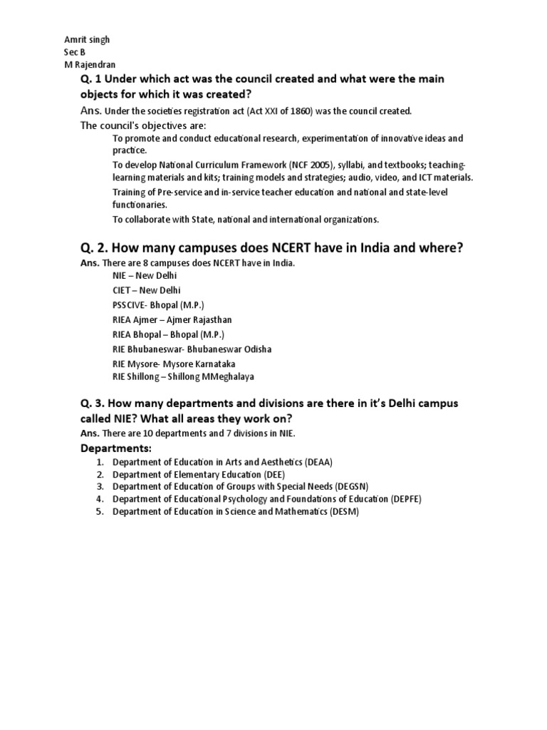 Q. 2. How Many Campuses Does NCERT Have in India and Where? Download