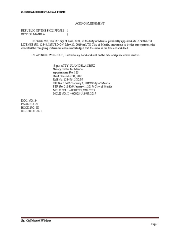 Legal Acknowledgment Sample Philippines | PDF